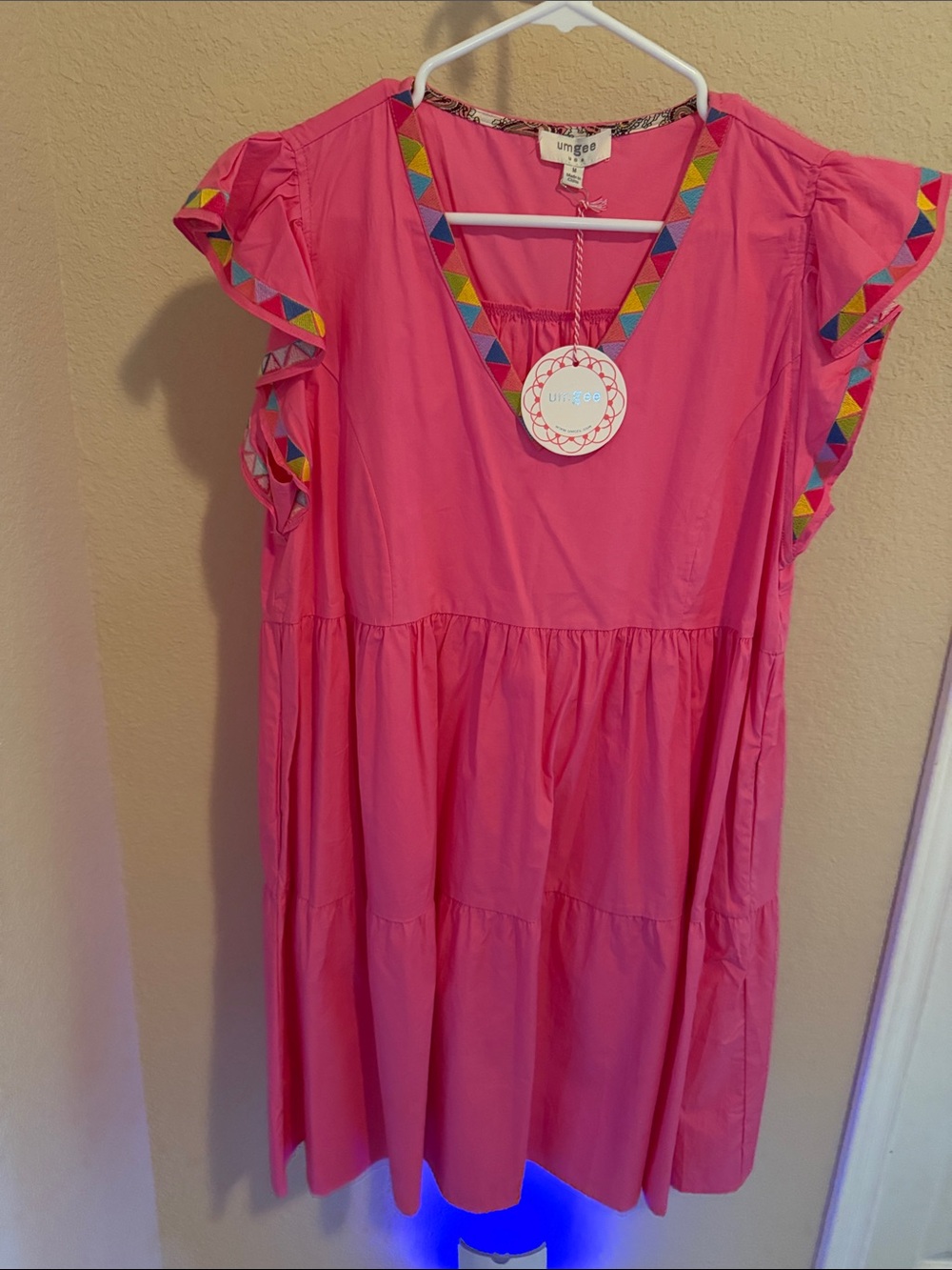 Umgee Bright Pink Tiered Dress with Colorful Geometric Trim